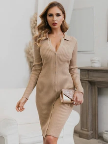 Glamaker Button Front Rib-knit Collar Sweater Dress - Apricot - View 3