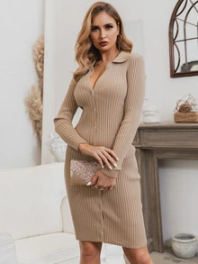 Glamaker Button Front Rib-knit Collar Sweater Dress - Apricot - View 4