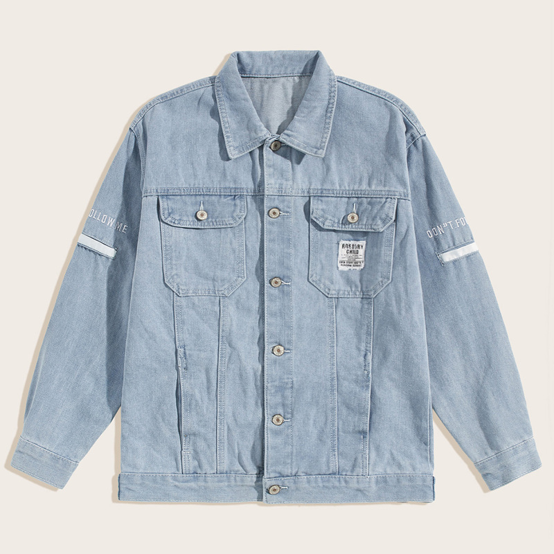 

Guys Letter Print Embroidery Denim Jacket, Blue