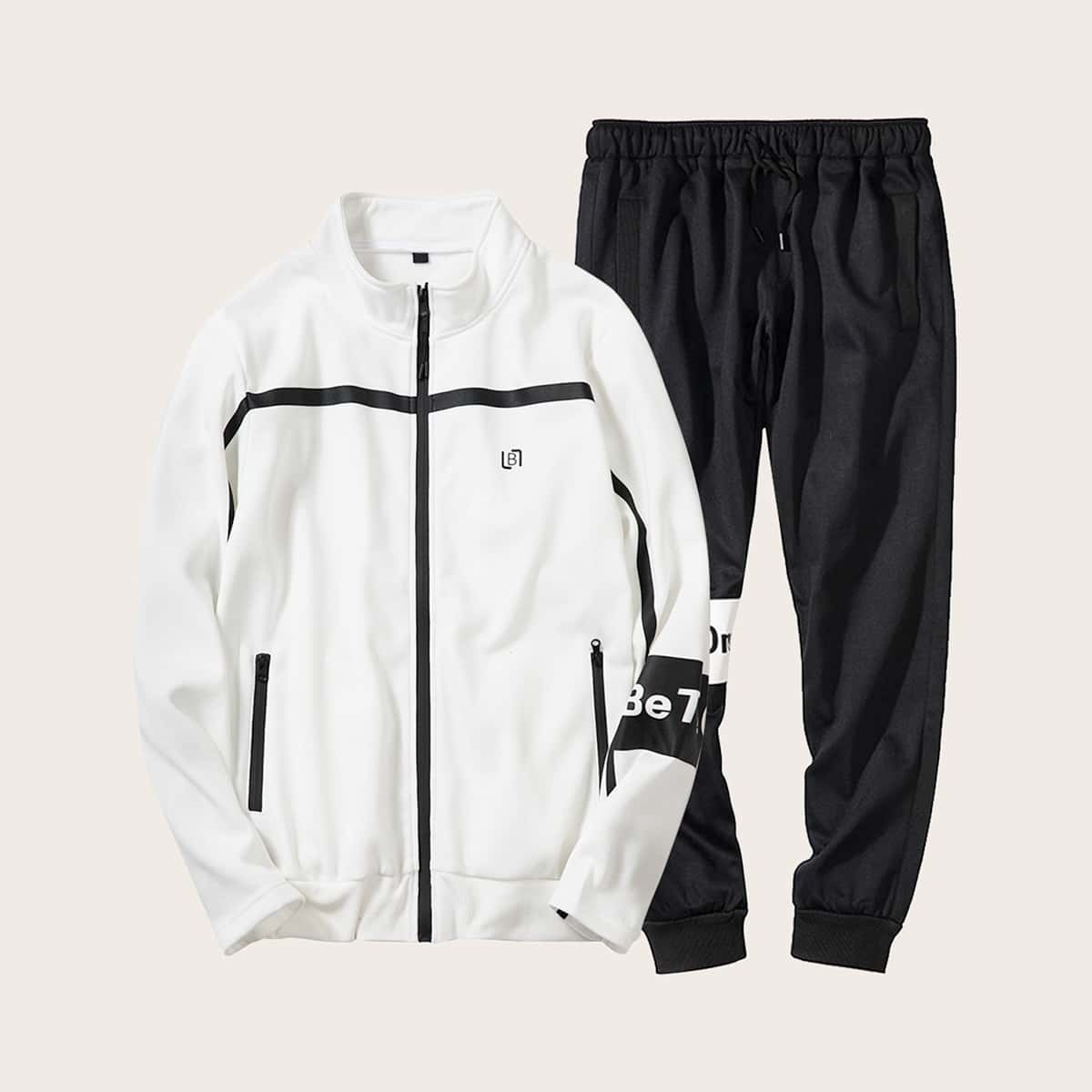 

Guys Letter Print Zip Up Sweatshirt With Sweatpants, Black and white