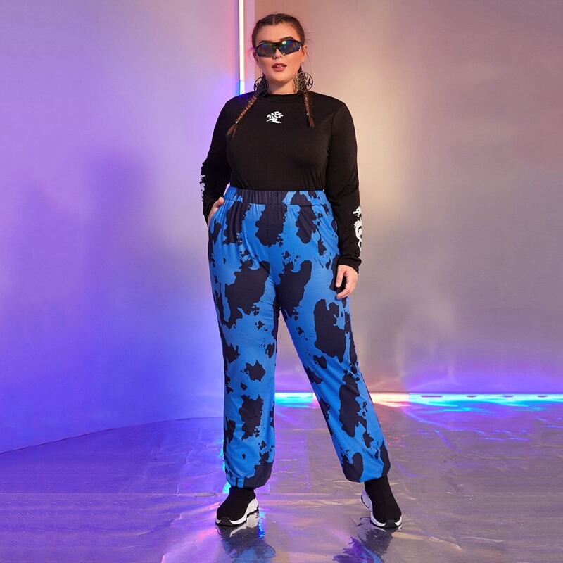 

Plus Ink Print Elastic Waist Pants, Blue