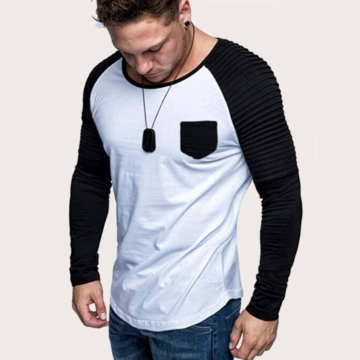 

Guys Contrast Sleeve Colorblock Tee, Black and white