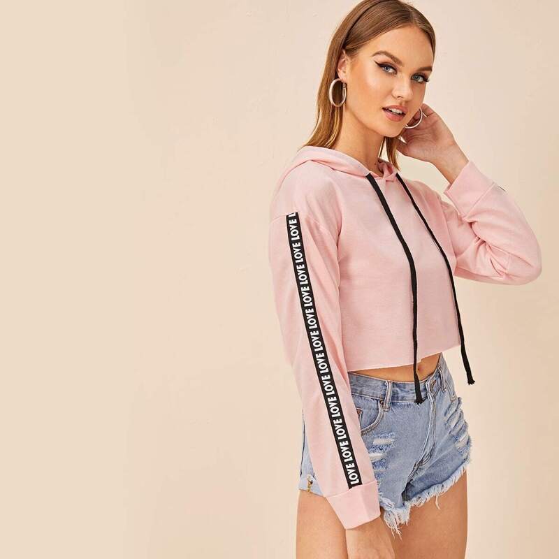 

Letter Tape Drawstring Crop Hoodie, Pink