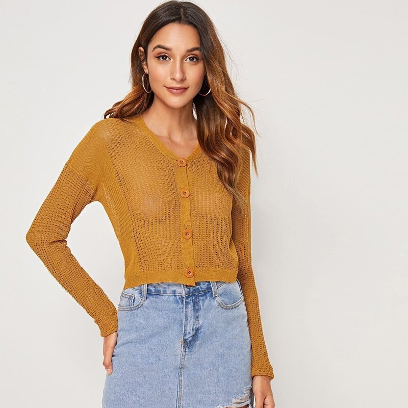 

Drop Shoulder Button Front Semi Sheer Cardigan, Yellow