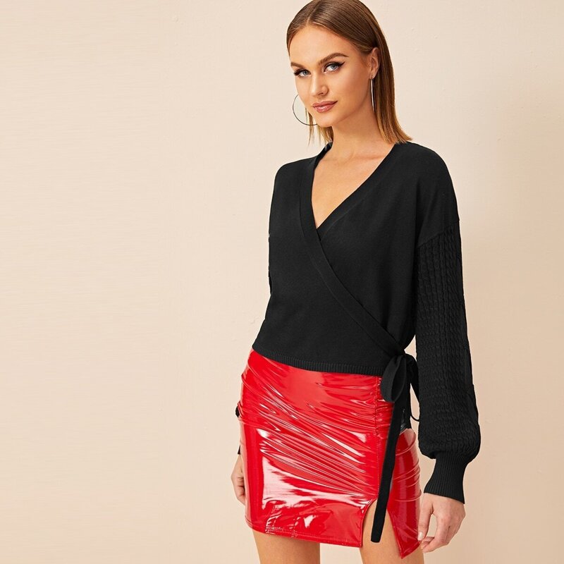 

Cable Knit Bishop Sleeve Tie Hem Wrap Sweater, Black
