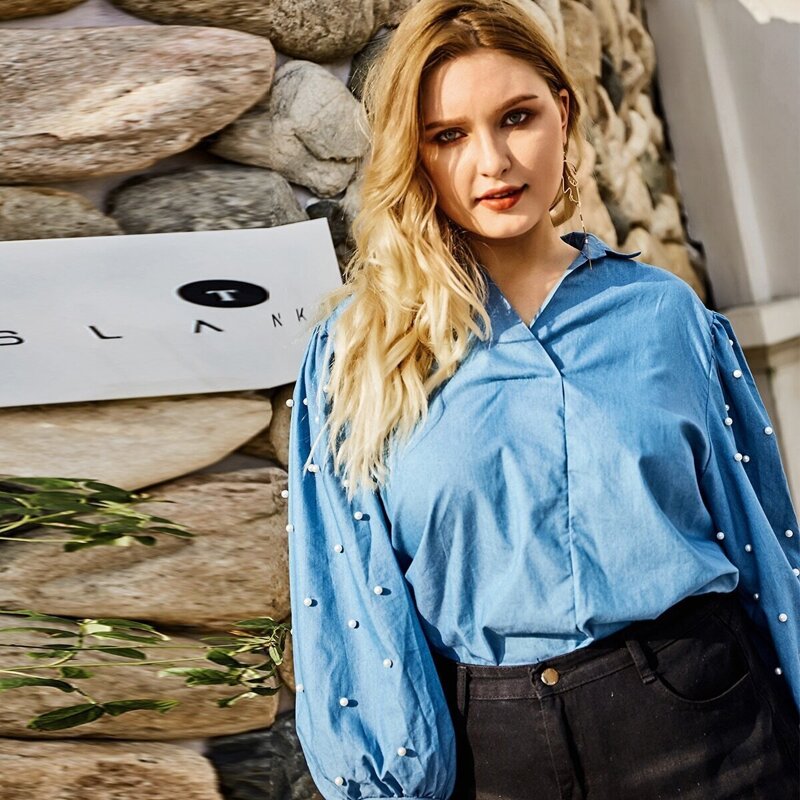 

Plus Beaded Bishop Sleeve Denim Blouse, Blue