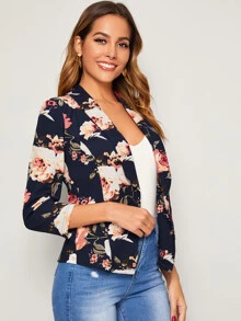 SHEIN Clasi 花卉圖案翻領衣領西裝外套 - 藏蓝色 - 查看 5