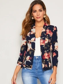 SHEIN Clasi 花卉圖案翻領衣領西裝外套 - 藏蓝色 - 查看 1