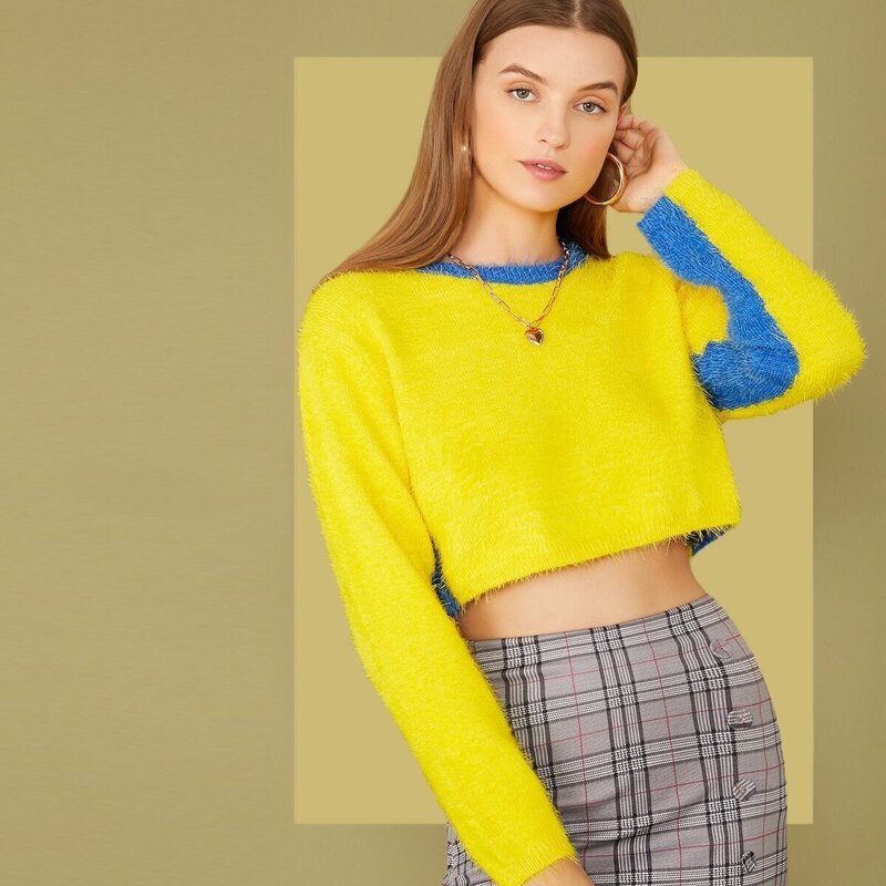 

Contrast Panel Crop Fuzzy Sweater, Yellow bright