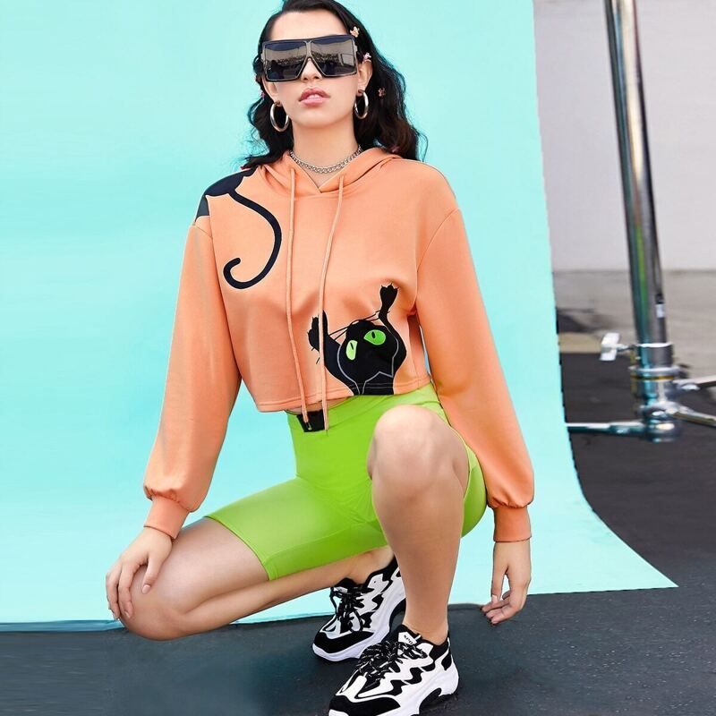 

Cartoon Print Drawstring Hoodie, Orange