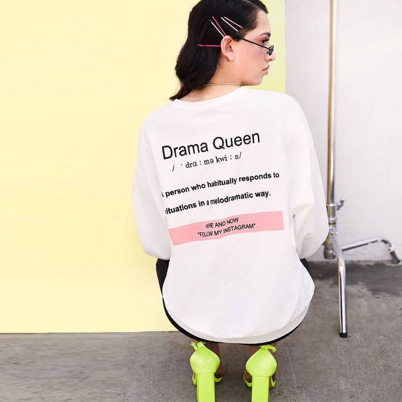

Drop Shoulder Slogan Print Pullover, White