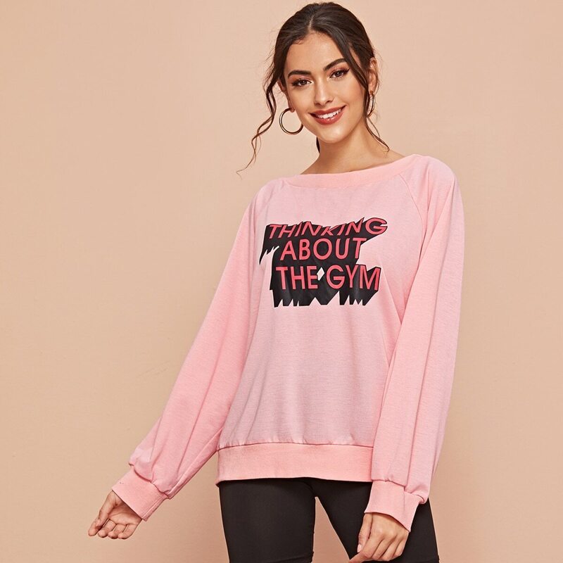 

Slogan Print Raglan Sleeve Sweatshirt, Pink pastel