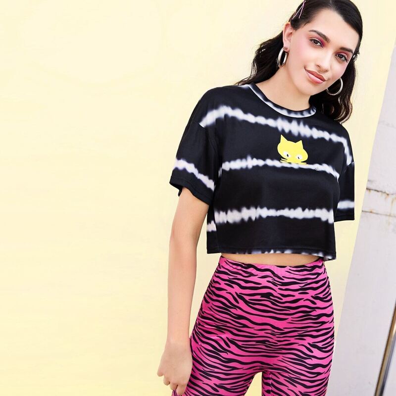 

Drop Shoulder Tie Dye Stripe & Cartoon Print Top, Black