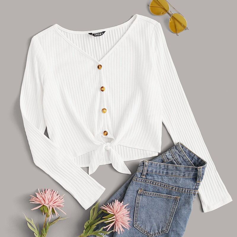 

Button Front Knot Hem Rib-knit Crop Top, White