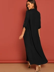 SHEIN Roll Up Sleeve Buttoned Half Placket Dress - Black - View 2