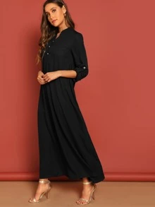SHEIN Roll Up Sleeve Buttoned Half Placket Dress - Black - View 3