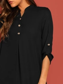 SHEIN Roll Up Sleeve Buttoned Half Placket Dress - Black - View 4
