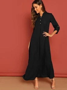 SHEIN Roll Up Sleeve Buttoned Half Placket Dress - Black - View 1
