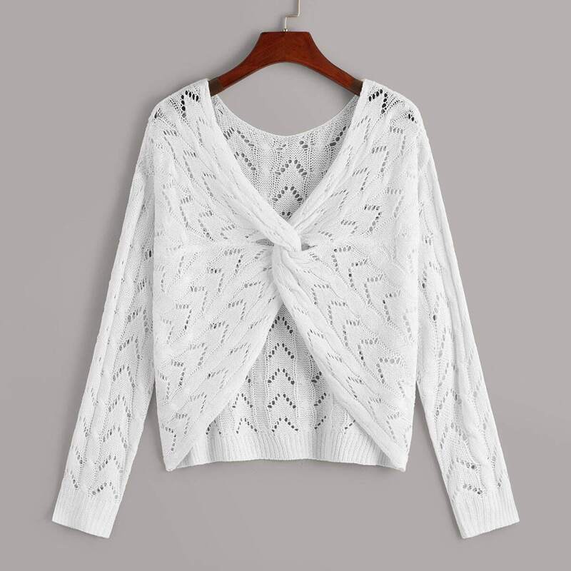 

Pointelle Knit Chevron Twist Solid Sweater, White