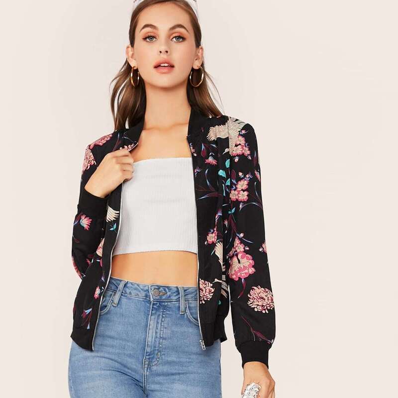 

Crane & Botanical Print Zip Up Jacket, Multicolor