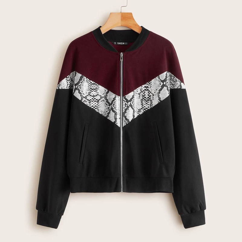 

Snakeskin Print Colorblock Bomber Jacket, Multicolor