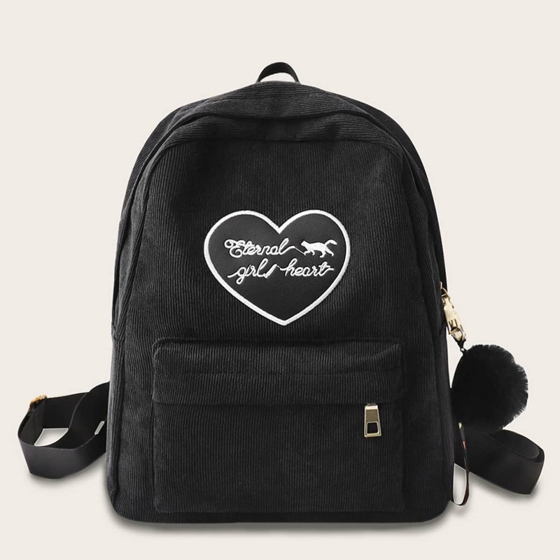 

Letter Embroidered Corduroy Backpack, Black