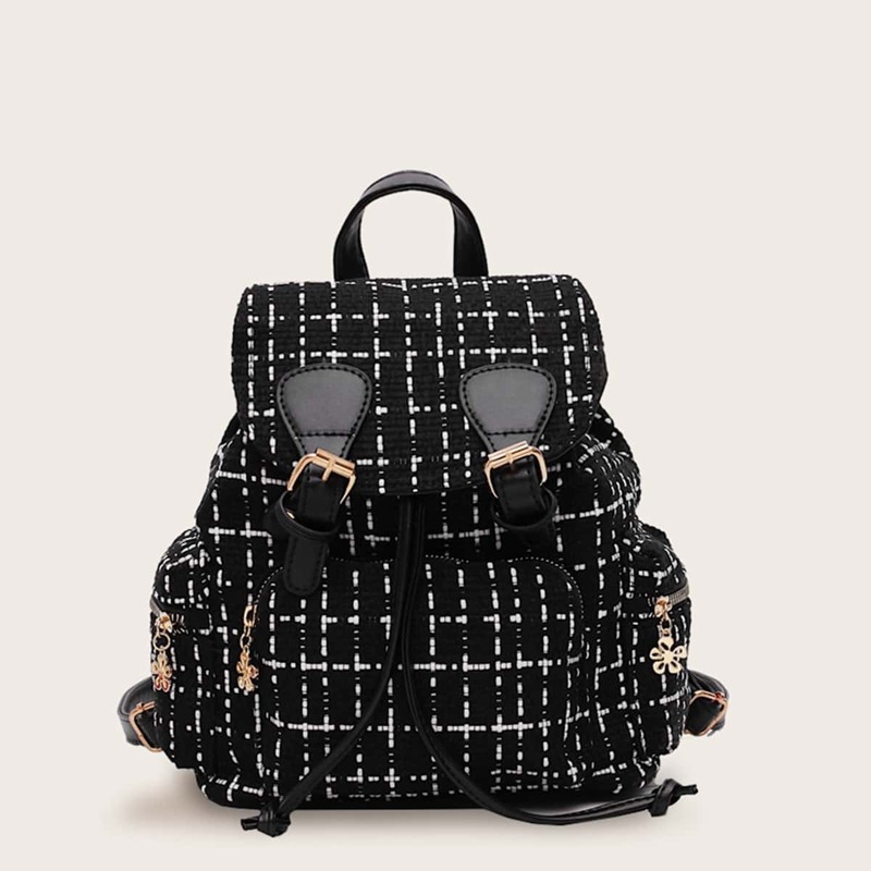 

Double Buckle Decor Flap Backpack, Black