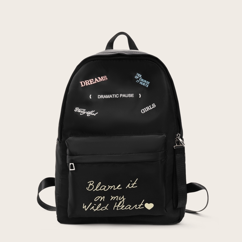 

Slogan Print Pocket Front Backpack, Black