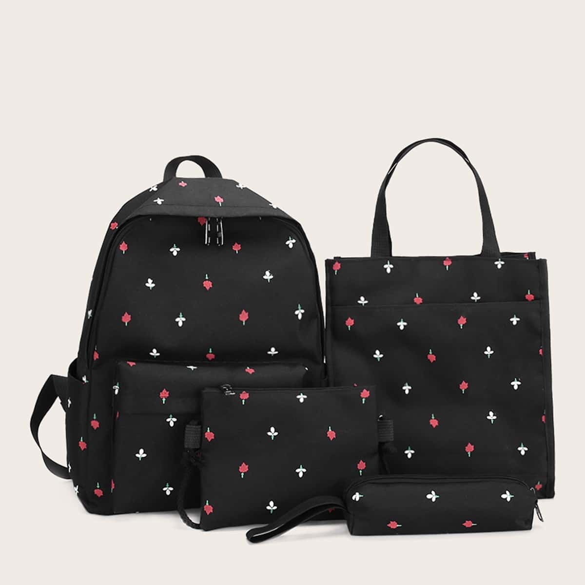 

Floral Print Backpack With Shopper Bag 4pcs, Black