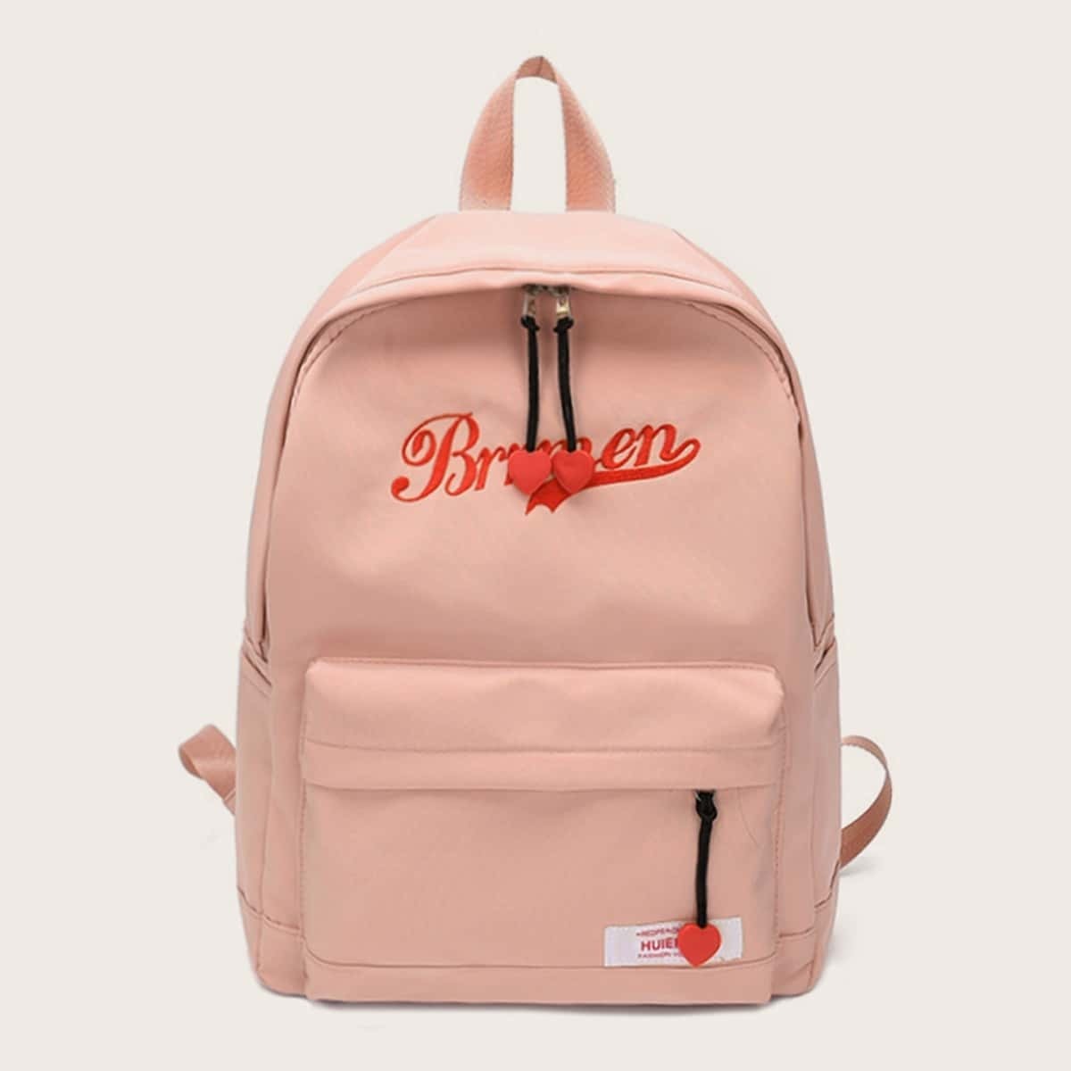 

Heart Decor Embroidered Detail Backpack, Pink