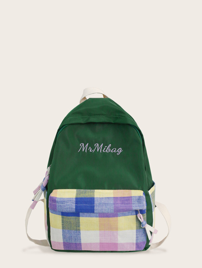 Embroidered Detail Plaid Pocket Front Backpack