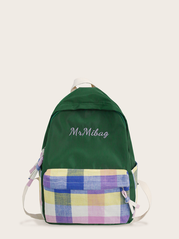 Embroidered Detail Plaid Pocket Front Backpack