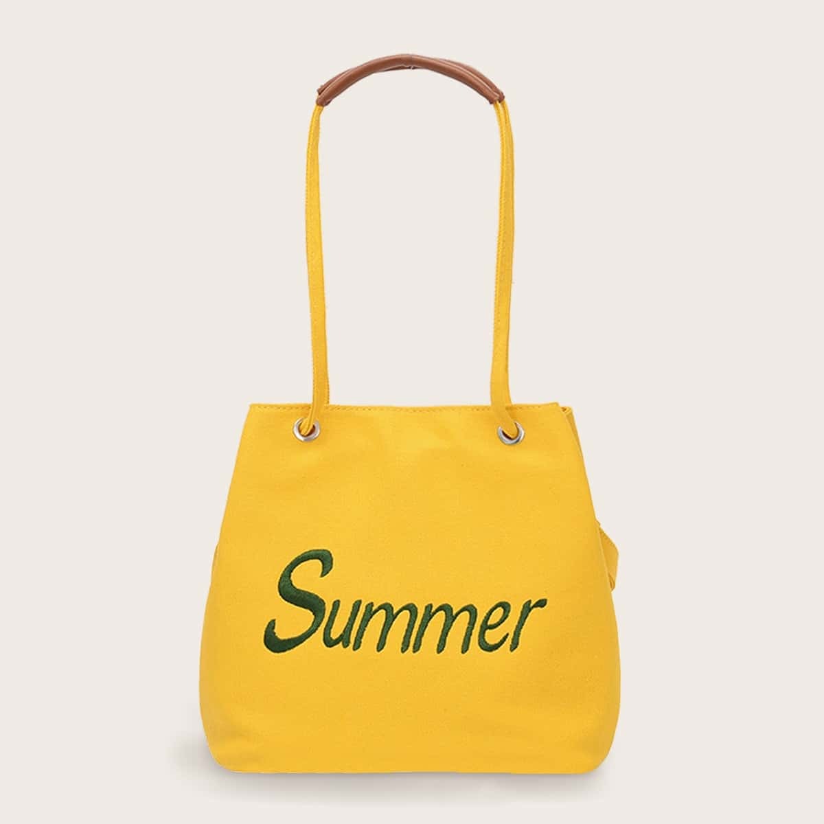 

Letter Embroidered Canvas Tote Bag, Yellow