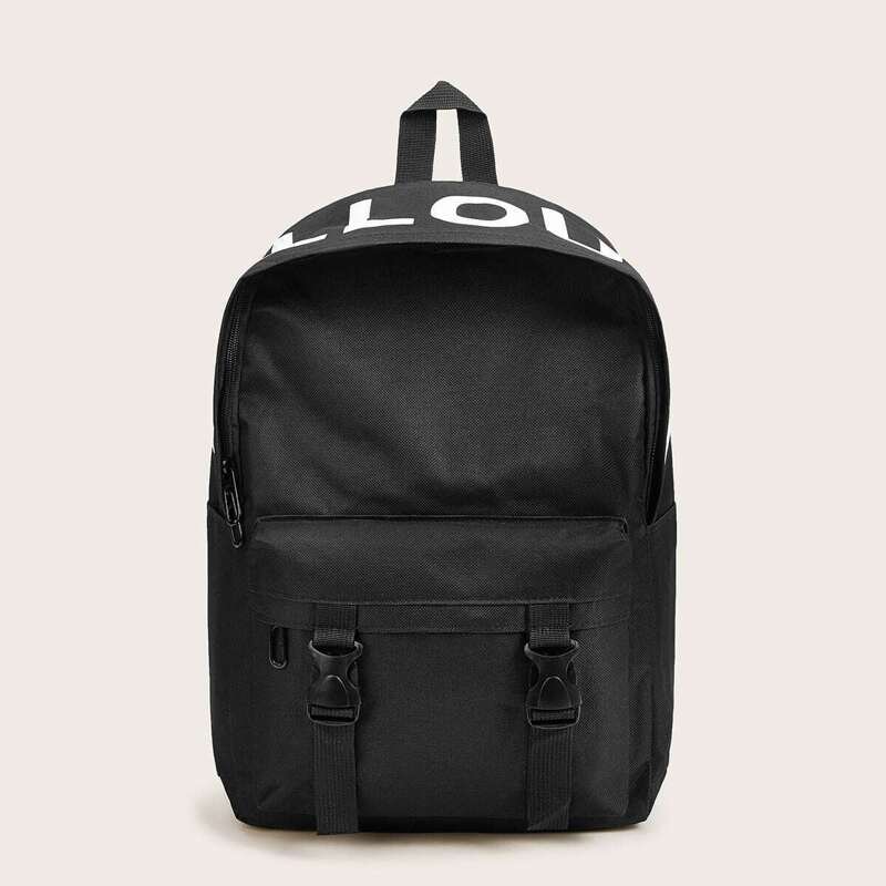 

Release Buckle Detail Letter Pattern Backpack, Black