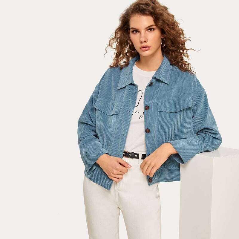 

Dual Pocket Single Breasted Corduroy Jacket, Blue