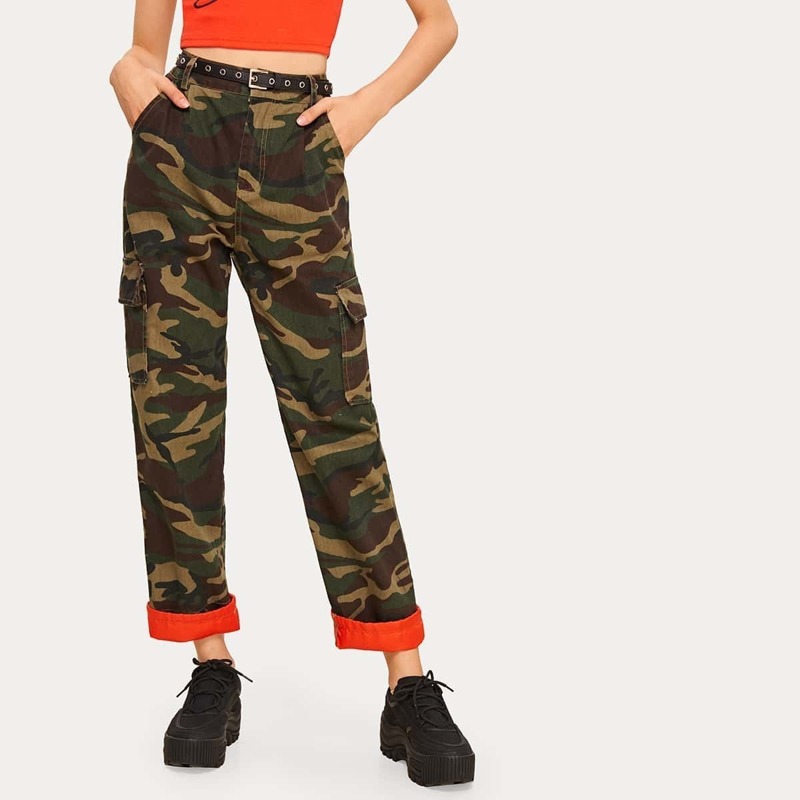 

Camo Print Rolled Hem Jeans Without Belted, Multicolor