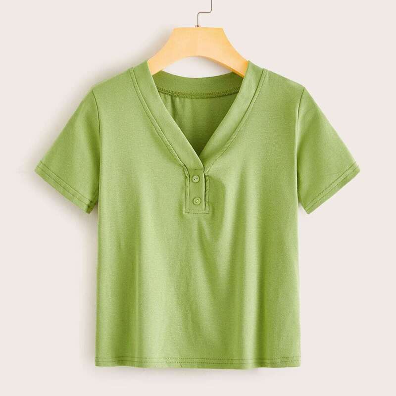 

V-neck Button Front Solid Tee, Green