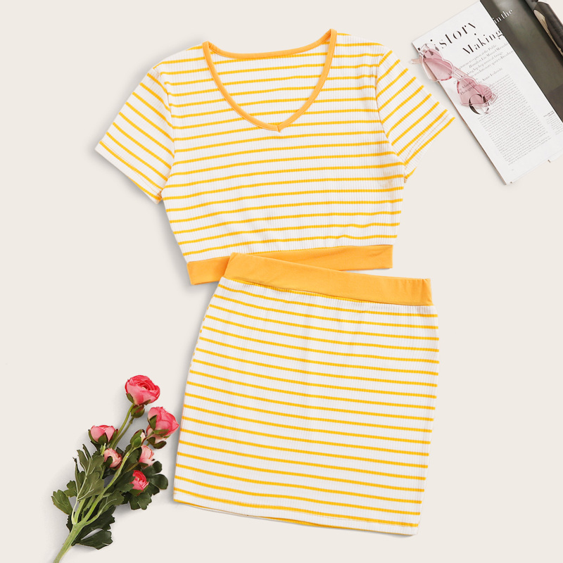

V Neck Stripe Rib-Knit Top & Skirt, Yellow