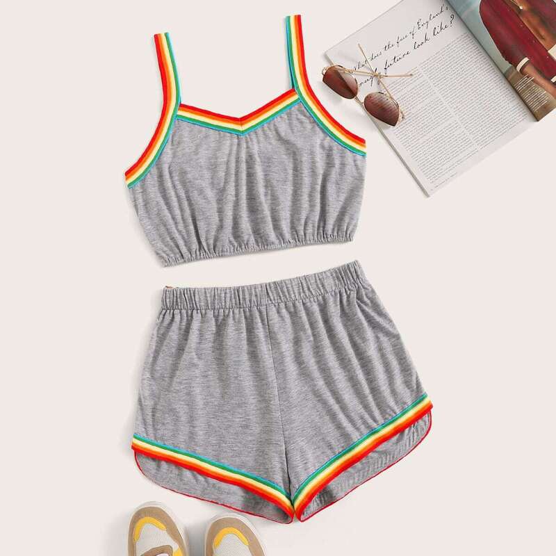 

Rainbow Stripe Cami Top & Dolphin Shorts, Grey