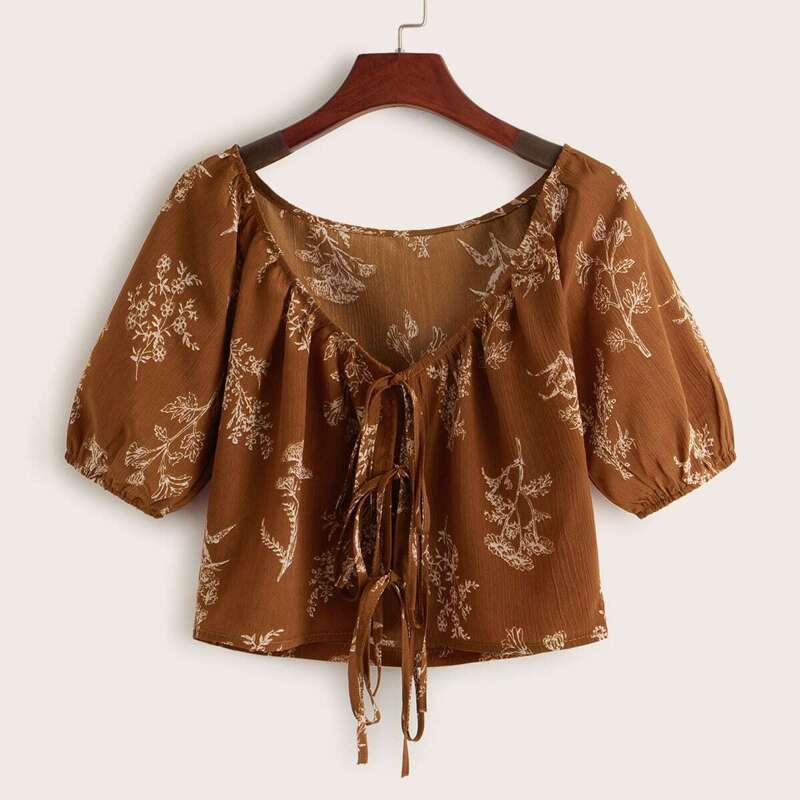 

Tie Front Ditsy Floral Print Blouse, Brown