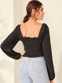 Seusyu Polka Dot Smocked Lettuce-Edge Crop Top - Black and White - View 2