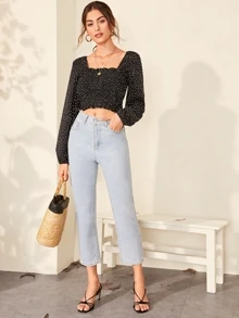 Seusyu Polka Dot Smocked Lettuce-Edge Crop Top - Black and White - View 3