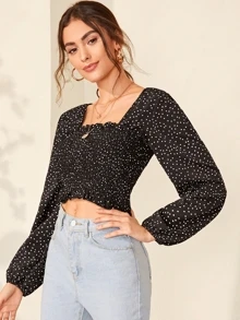 Seusyu Polka Dot Smocked Lettuce-Edge Crop Top - Black and White - View 4