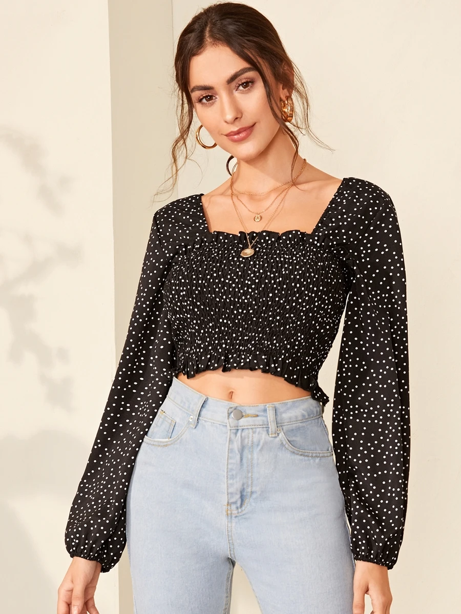 Seusyu Polka Dot Smocked Lettuce-Edge Crop Top - Black and White - View 1