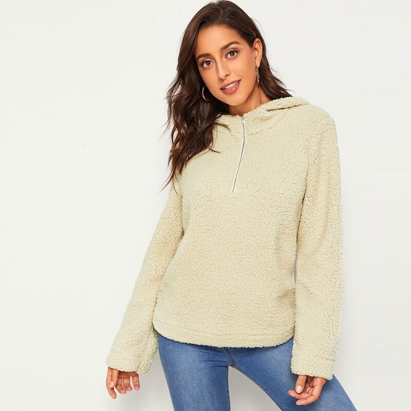 

Half Zip Hooded Teddy Sweatshirt, Beige