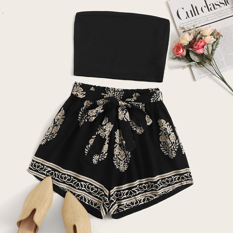 

Cropped Tube Top & Plants Print Shorts, Black