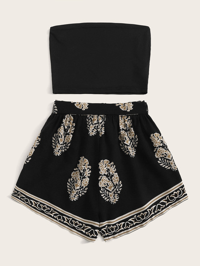 Preto Com cinto Floral Boho Roupas de 2pçs