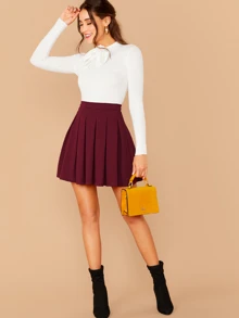 SHEIN Essnce 后背拉链宽松百褶溜冰裙 - 酒紅色 - 查看 5