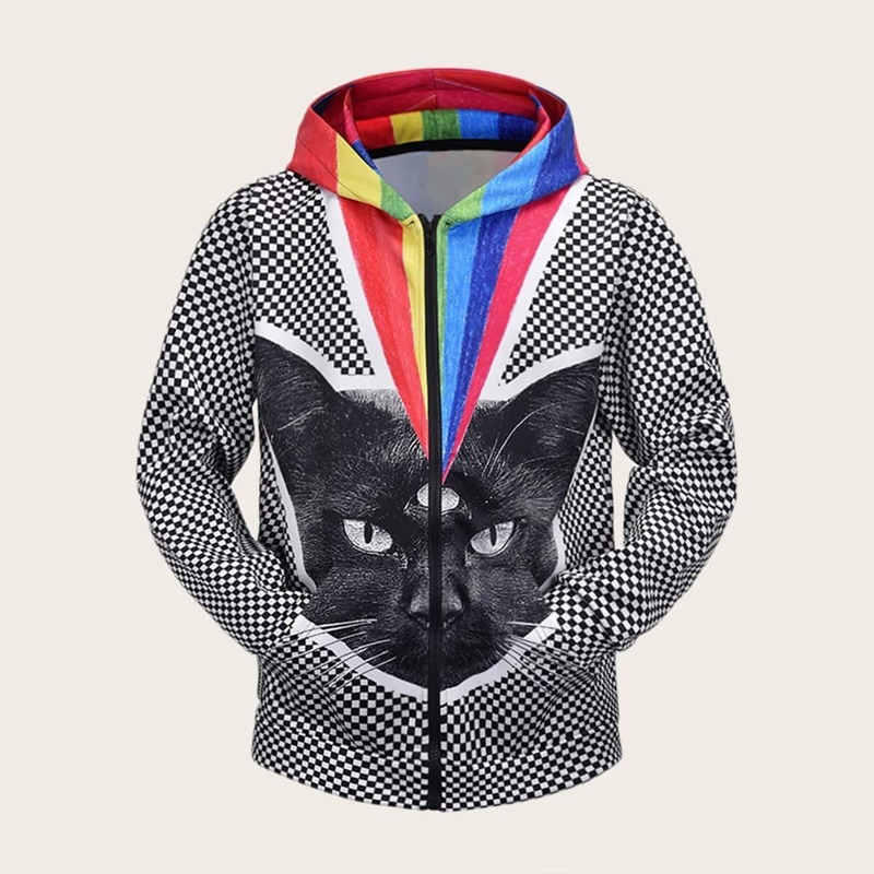 

Guys Checker Cat Print Rainbow Hooded Jacket, Multicolor