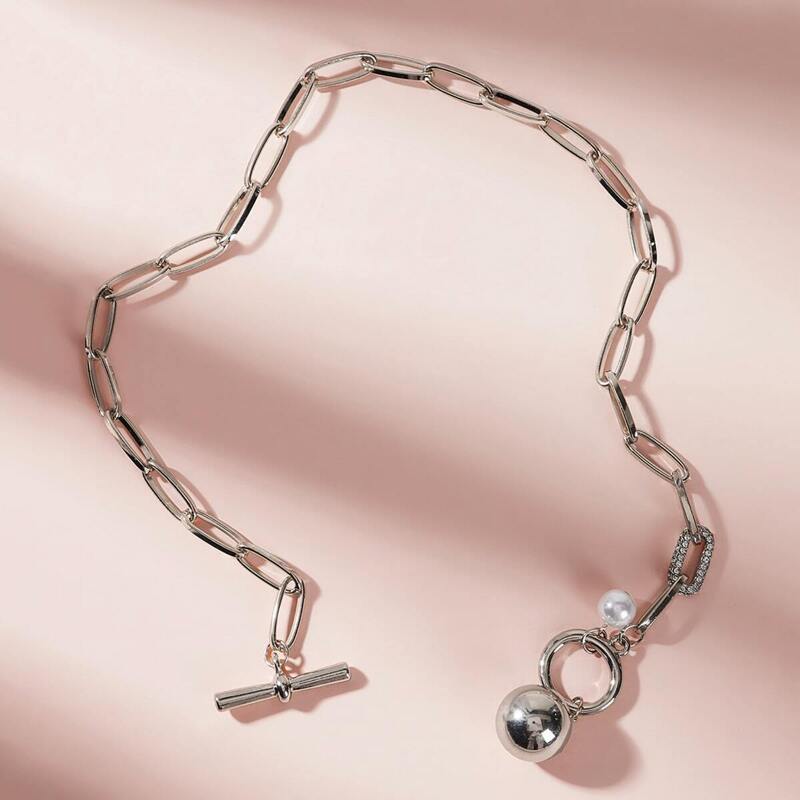

Faux Pearl & Rhinestone Decor Chain Necklace 1pc, Silver